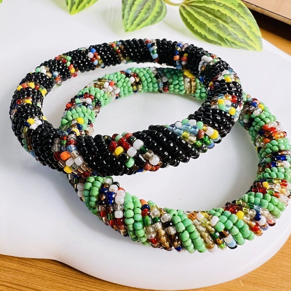 Traditional African Multicolored Beaded Bangle Bracelet Black Blue Orange